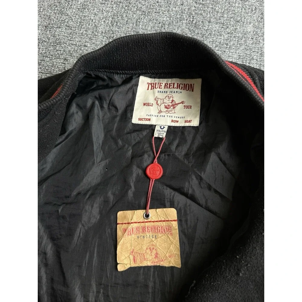 Mens True Religion World Tour Varsity Jacket Black Red Patches, Size 2XL